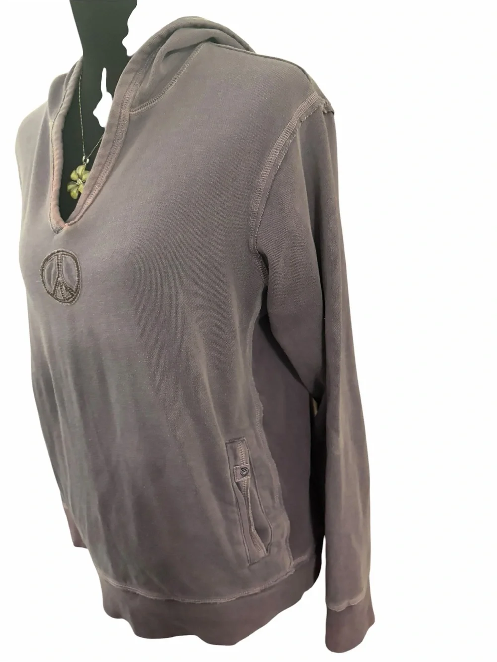 Women’s  Hooded Pullover Sweater with Peace Emblem - Charcoal